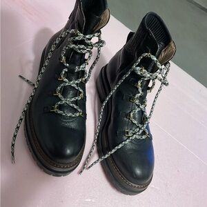 Black Leather Lug Sole Ankle Booties with Contrast Laces